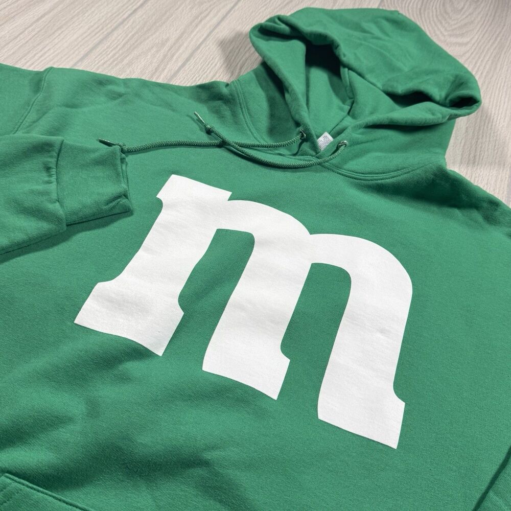 M&Ms Logo Hoodie Men’s XL Green Pullover Drawstring Candy Casual Streetwear EUC
